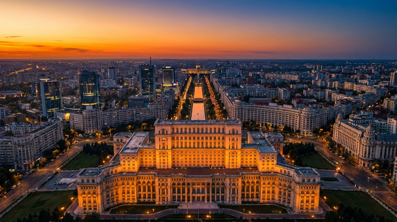 Bucharest aerial at magic hour